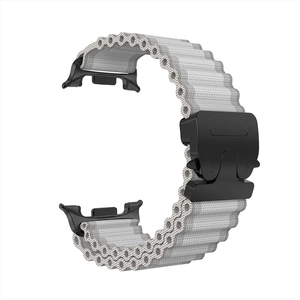 Outdoor Nylon Strap with P-Buckle, white with black, without a watch, 3/4 front view