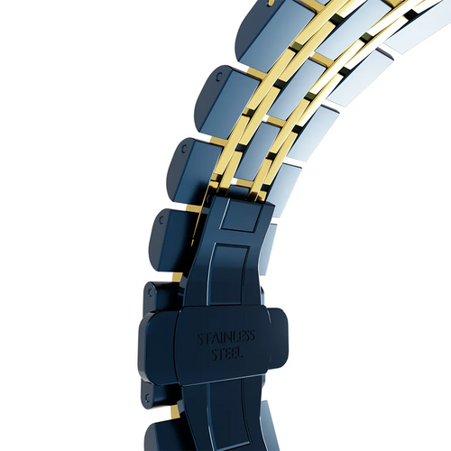 Steel Link Strap 'Duo', blue/gold, without a watch, 3/4 rear view