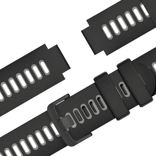 Silicone Buckled Sport Strap, black/grey, laid flat, separate parts, direct top view