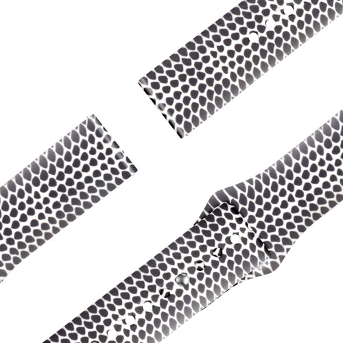 Silicone Patterned Strap, laid flat, separate parts, direct top view