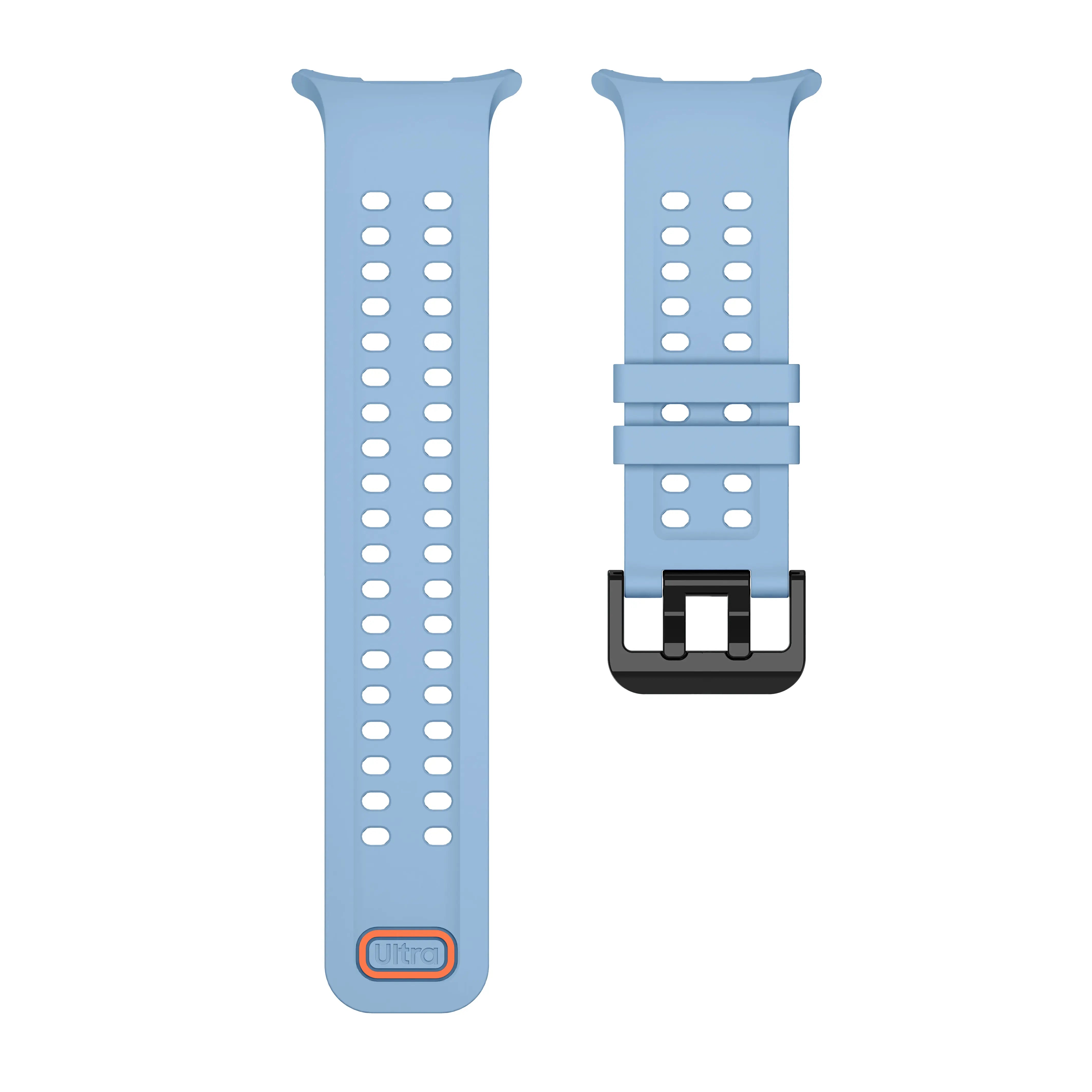 Silicone Strap, grey-blue, laid flat, separate parts, direct top view