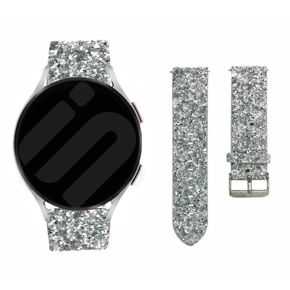 Leather Strap with Glitters, silver, laid flat, separate parts, direct top view