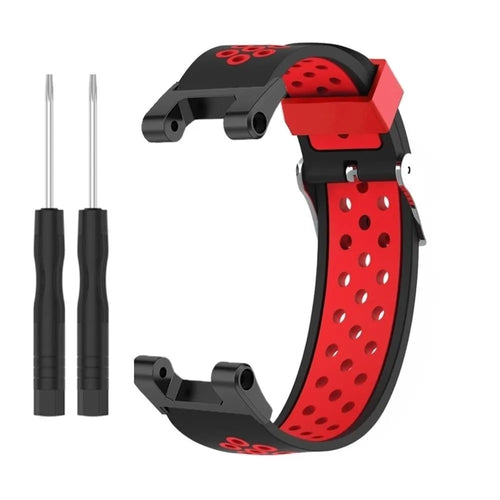 Silicone Sport Strap, black/red, laid flat, separate parts, direct top view