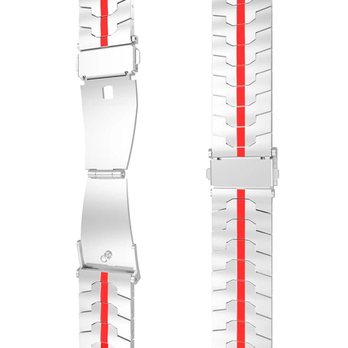Steel Iron Strap, silver/red, laid flat, separate parts, direct top view