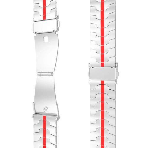 Steel Iron Strap, silver/red, laid flat, separate parts, direct top view