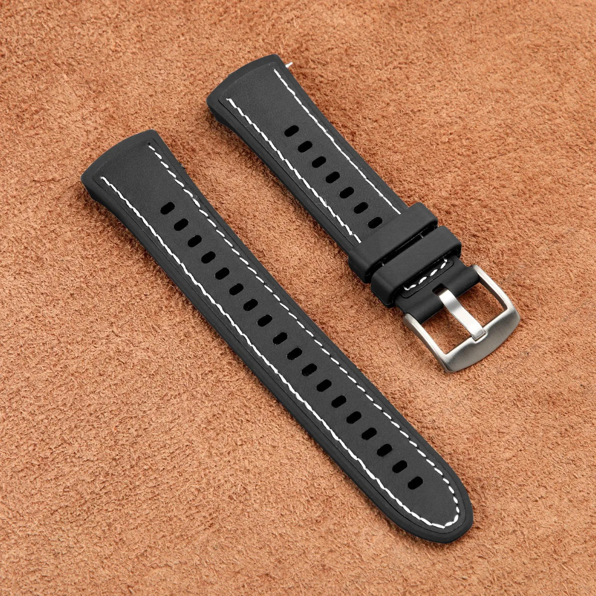 Silicone Leather Hybrid Strap 'Perfect Fit', black, laid flat, separate parts, direct top view
