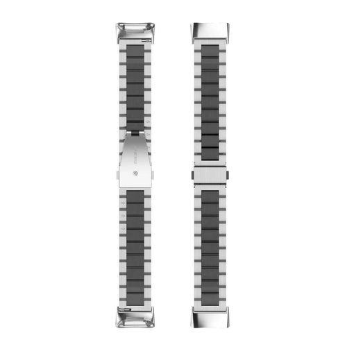Steel Strap, silver/black, laid flat, separate parts, direct top view