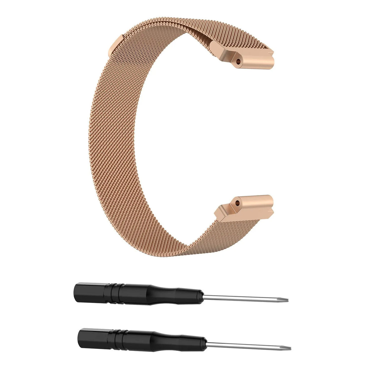 Milanese Strap, rose gold, laid flat, separate parts, direct top view
