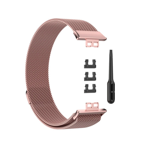 Milanese Strap, pink, laid flat, separate parts, direct top view