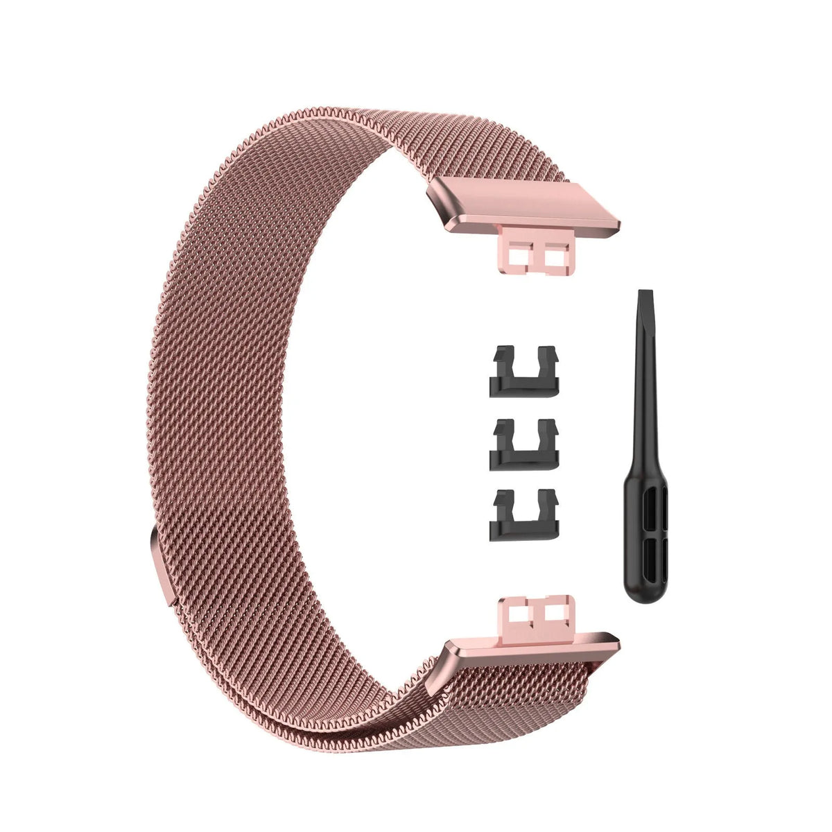 Milanese Strap, pink, laid flat, separate parts, direct top view