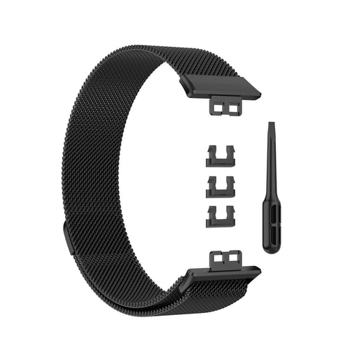 Milanese Strap, black, laid flat, separate parts, direct top view
