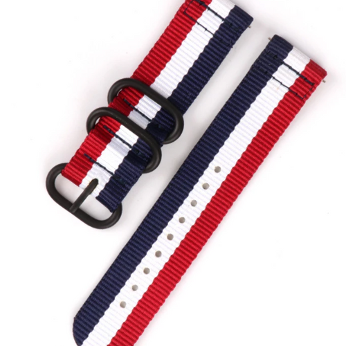 Nylon Buckle Strap, tricolour, laid flat, separate parts, direct top view