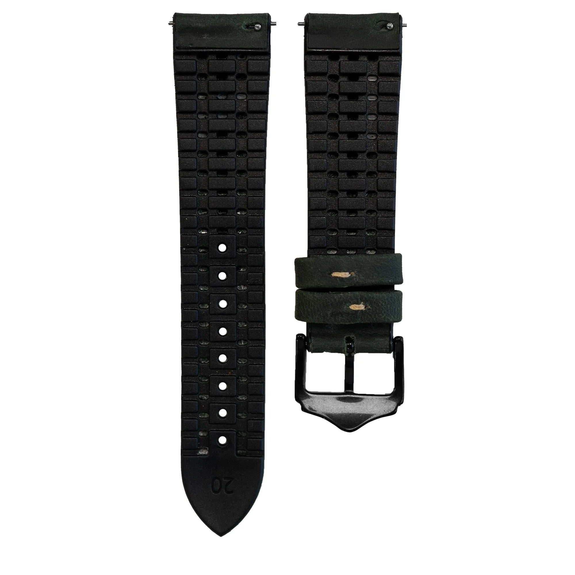 Leather Hybrid Strap, black/green, laid flat, separate parts, direct top view