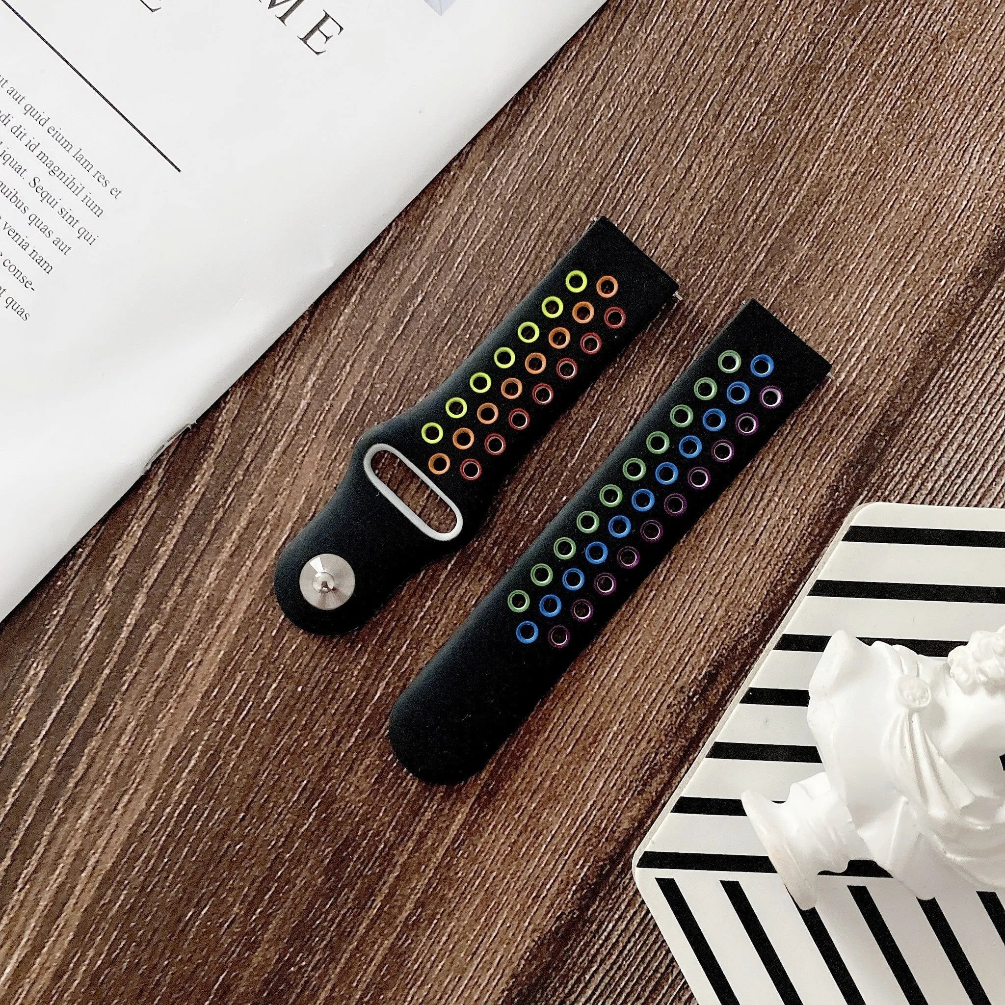 Silicone Sport Strap, black/colourful, laid flat, separate parts, direct top view