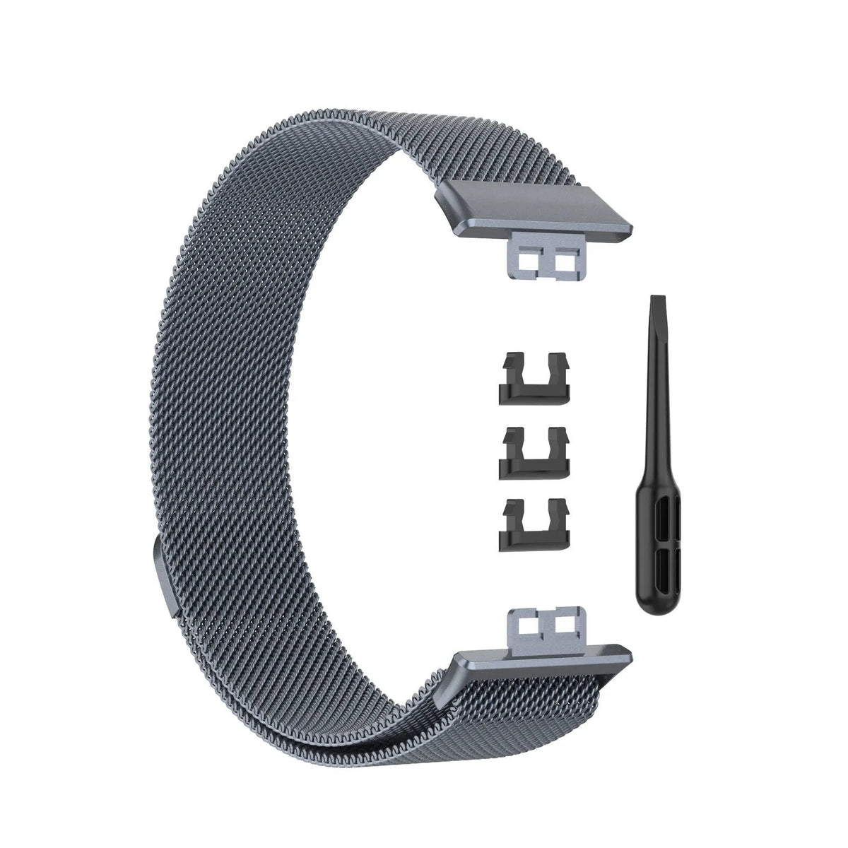 Milanese Strap, grey, laid flat, separate parts, direct top view