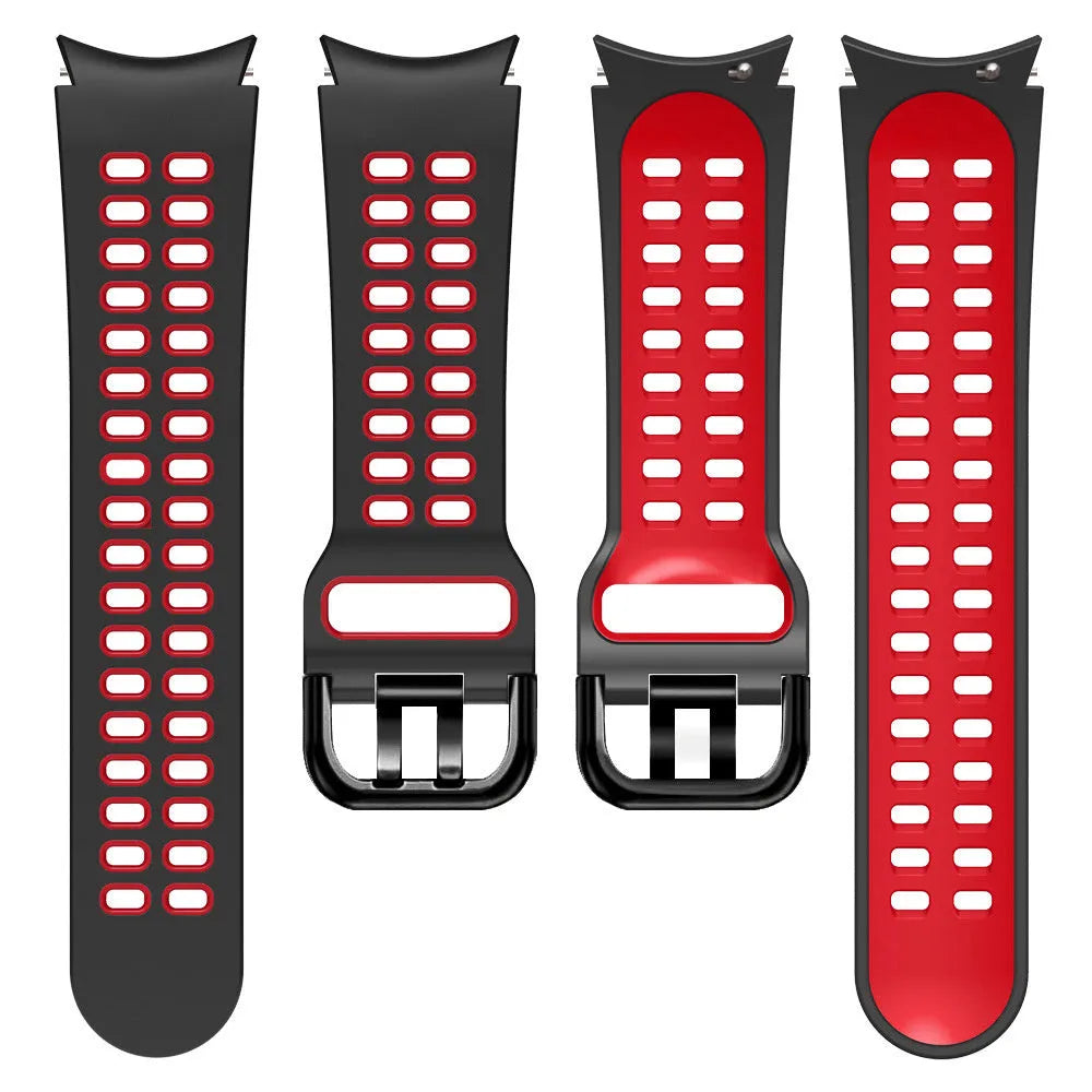 Silicone Squared Sport Strap, black/red, laid flat, separate parts, direct top view