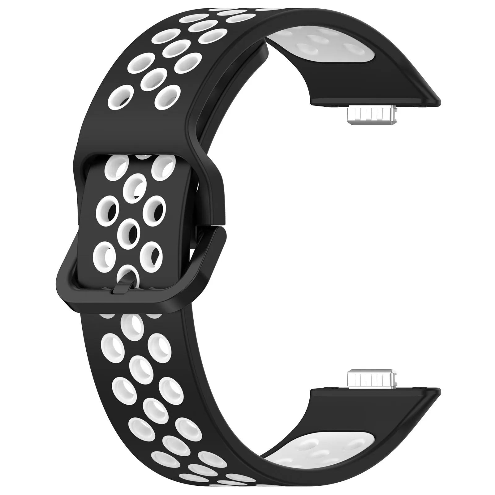 Silicone Sport Strap, black/white, laid flat, joined, direct top view