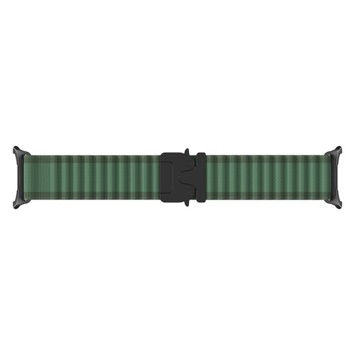 Outdoor Nylon Strap with P-Buckle, green with black, laid flat, joined, direct top view