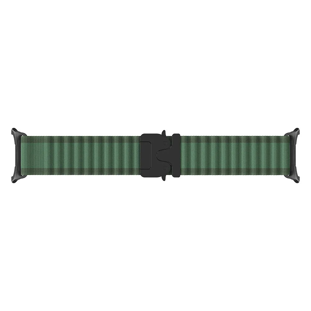 Outdoor Nylon Strap with P-Buckle, green with black, laid flat, joined, direct top view