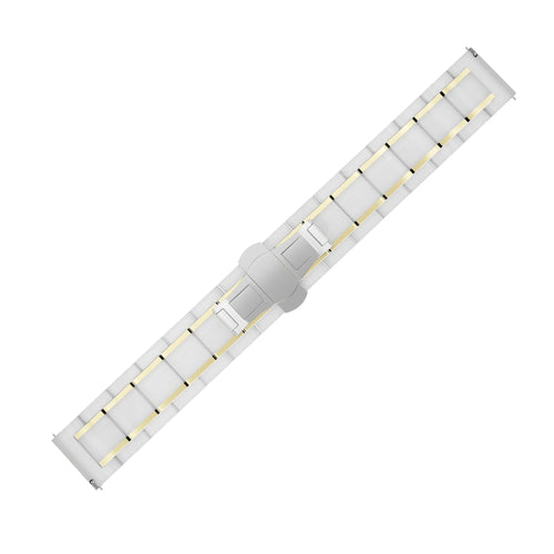 Metal Ceramic Link Strap, white/gold, laid flat, joined, direct top view