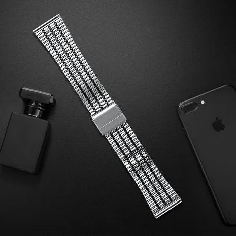 Fine Steel Strap, silver/black, laid flat, joined, direct top view
