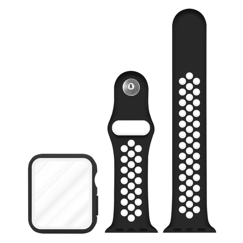 Silicone Sport Strap + TPU Case, laid flat, separate parts, top and underside view