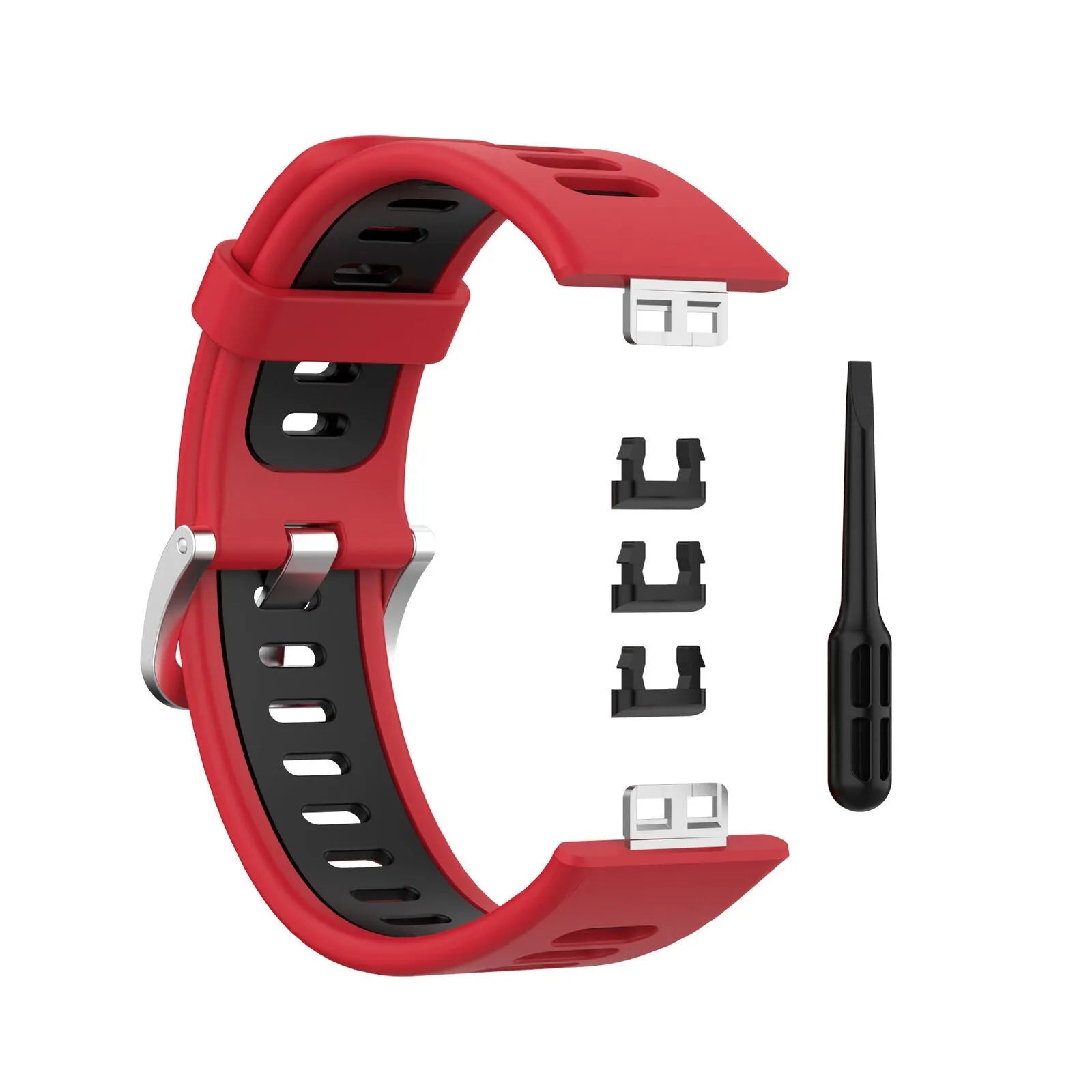 Silicone Sport Buckle Strap, laid flat, separate parts, top and underside view