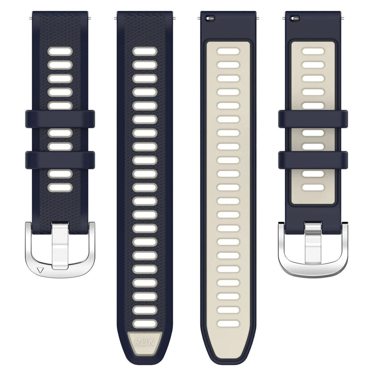 Silicone Buckled Sport Strap, laid flat, separate parts, top and underside view