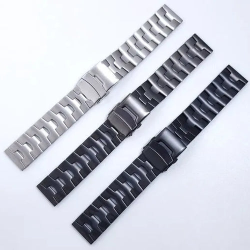 Titanium Grain Strap, laid flat, separate parts, top and underside view