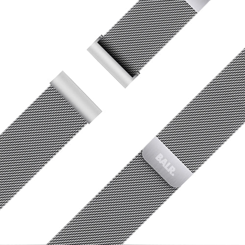 Milanese Strap, silver, laid flat, joined, 45° top view