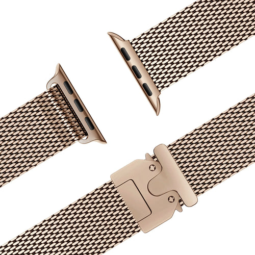 Milanese Loop Strap P-Buckle, rose gold, laid flat, joined, 45° top view