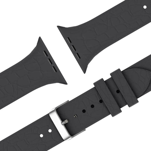 Silicone Strap Leather Pattern, dark grey, laid flat, joined, 45° top view