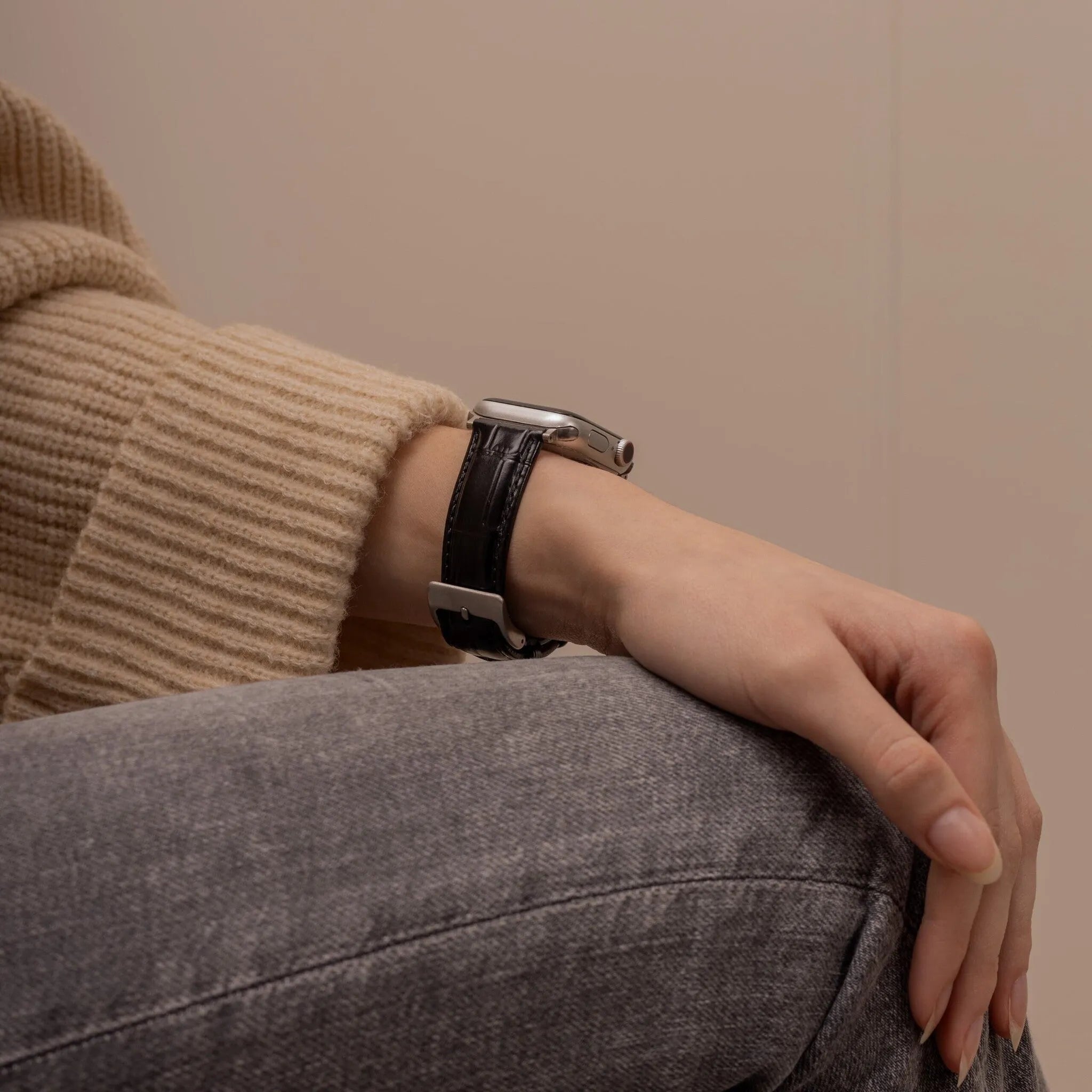 Apple Watch leather crocodile grain band (zwart)