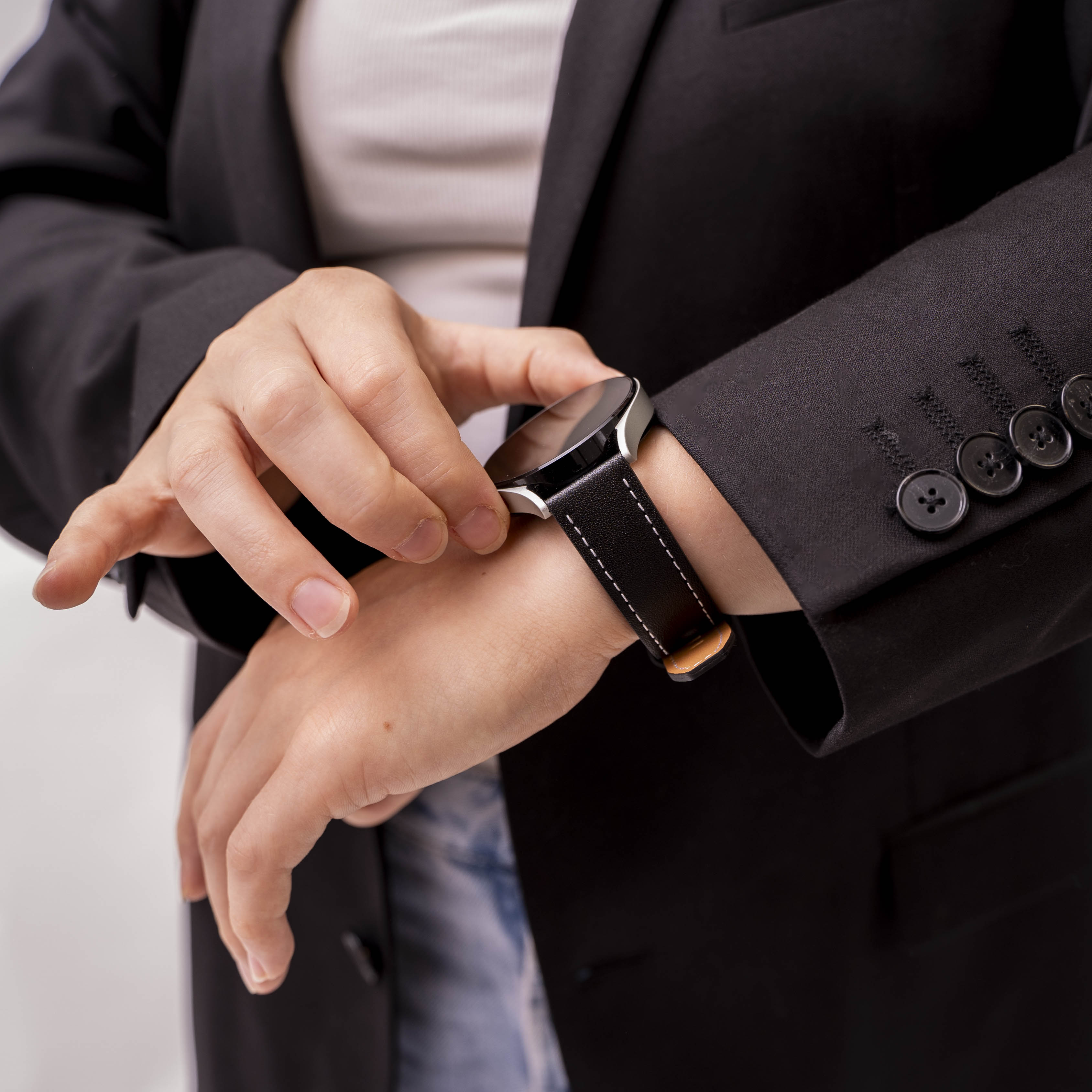 Huawei Watch 5 - 42mm 'one push' leren bandje (zwart)