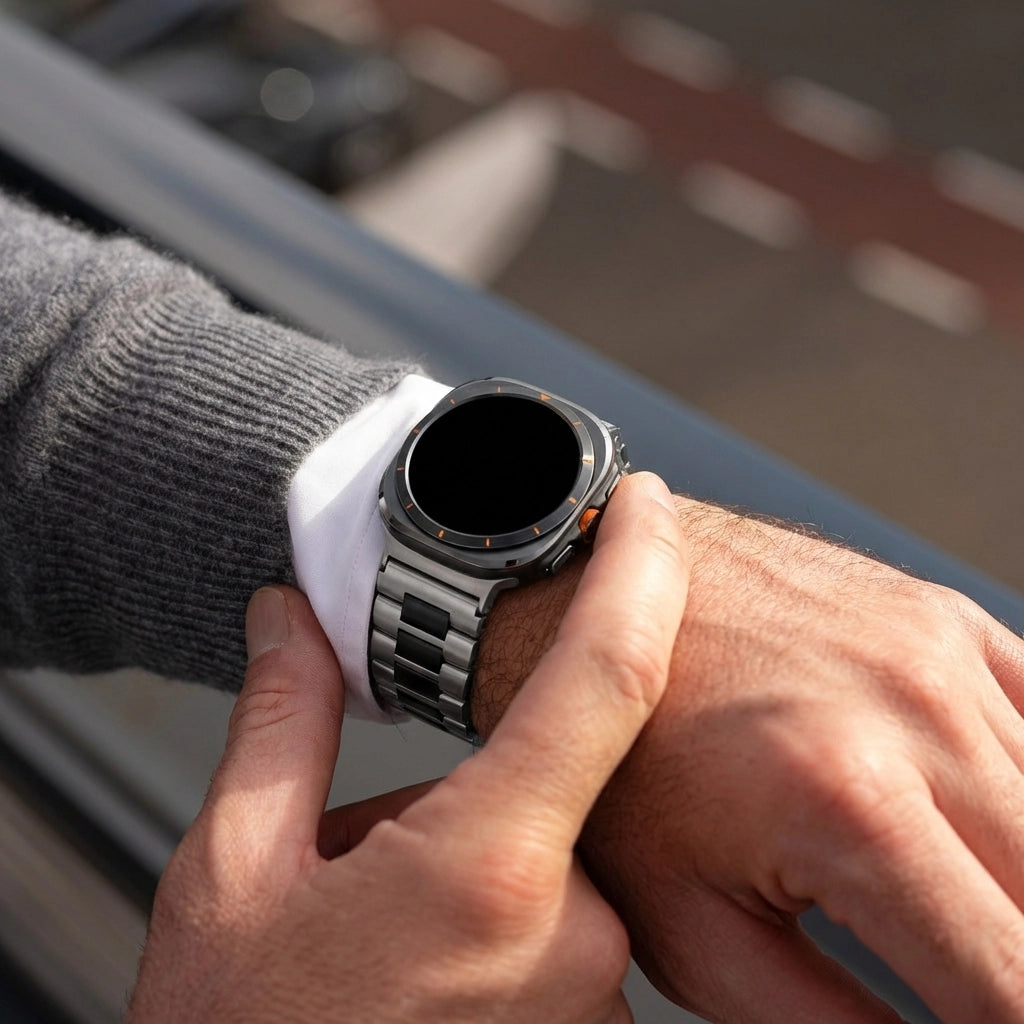 Bandz Samsung Galaxy Watch Ultra stalen schakel band 'Deluxe' (zilver/zwart)