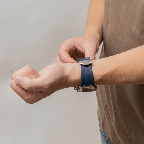 Luxury Liquid Silicone Strap, blue with titanium, lifestyle photo
