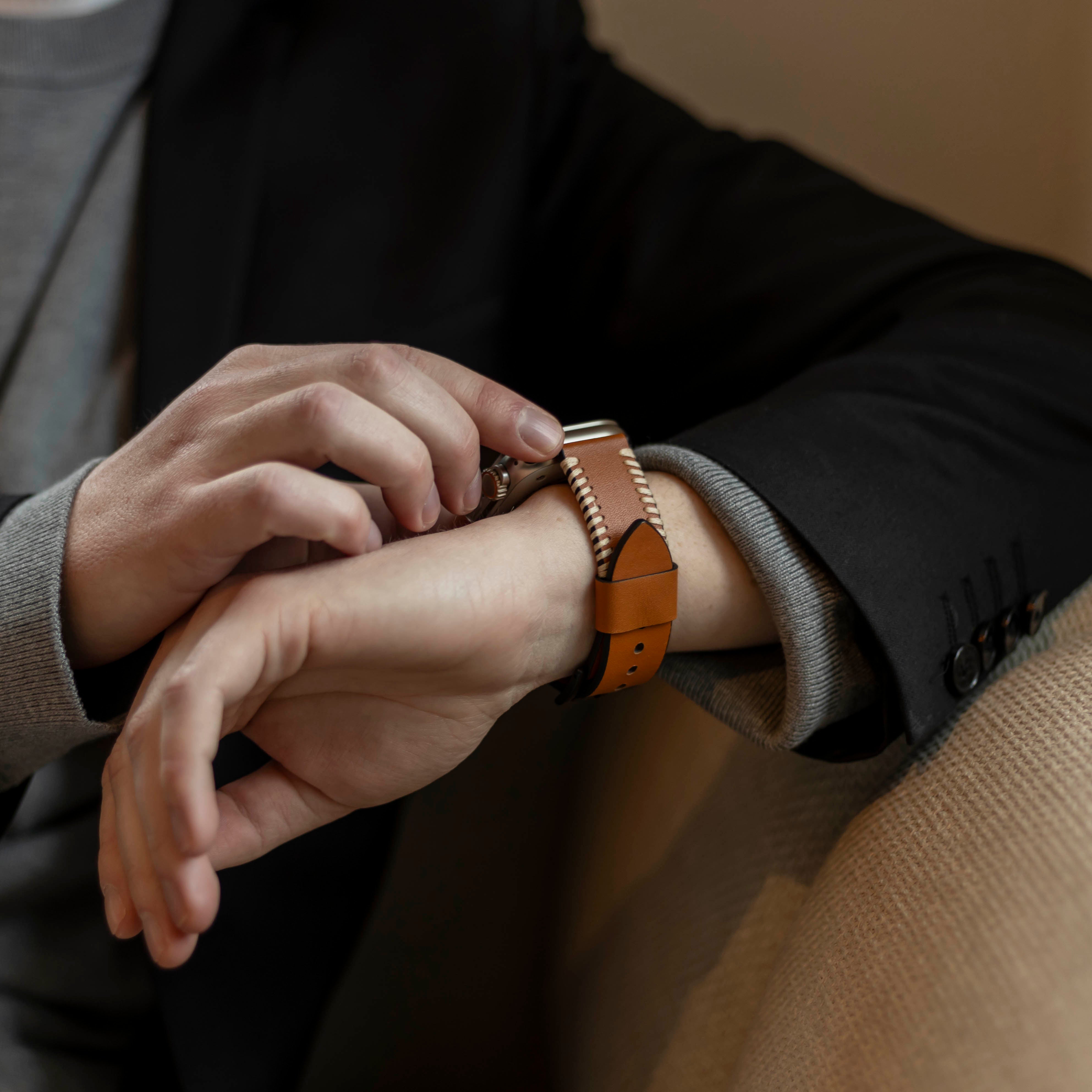 Apple Watch Ultra Stitched Leather Strap (Brown)