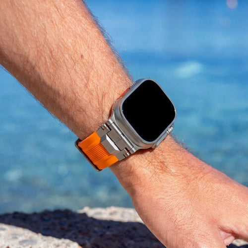 Bandz Apple Watch Liquid Silicone Strap 'Explorer' (Orange with Titanium)