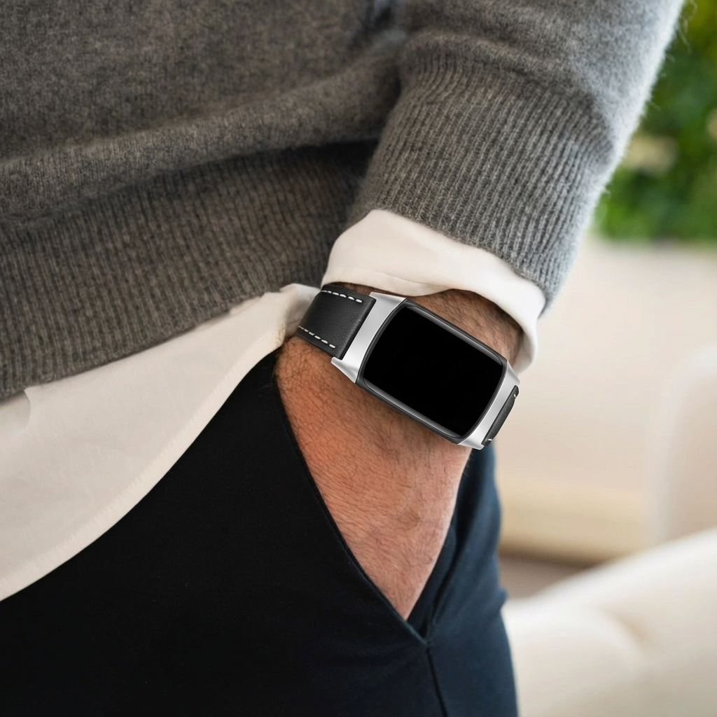 Fitbit Charge 6 modern leren bandje (zwart)