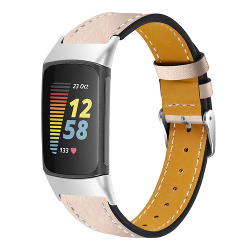 Fitbit Charge 6 modern leren bandje (lichtbeige)
