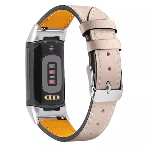 Fitbit Charge 6 modern leren bandje (lichtbeige)