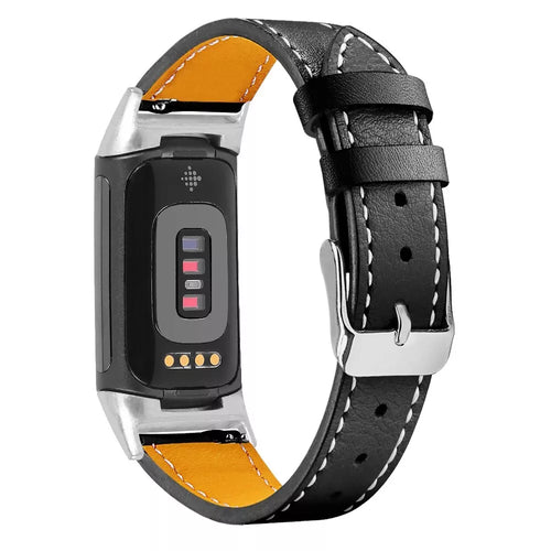 Fitbit Charge 6 modern leren bandje (zwart)