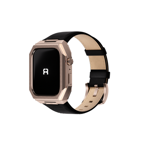 Reqior Apple Watch 45mm metalen case met leren band (roségoud/zwart)
