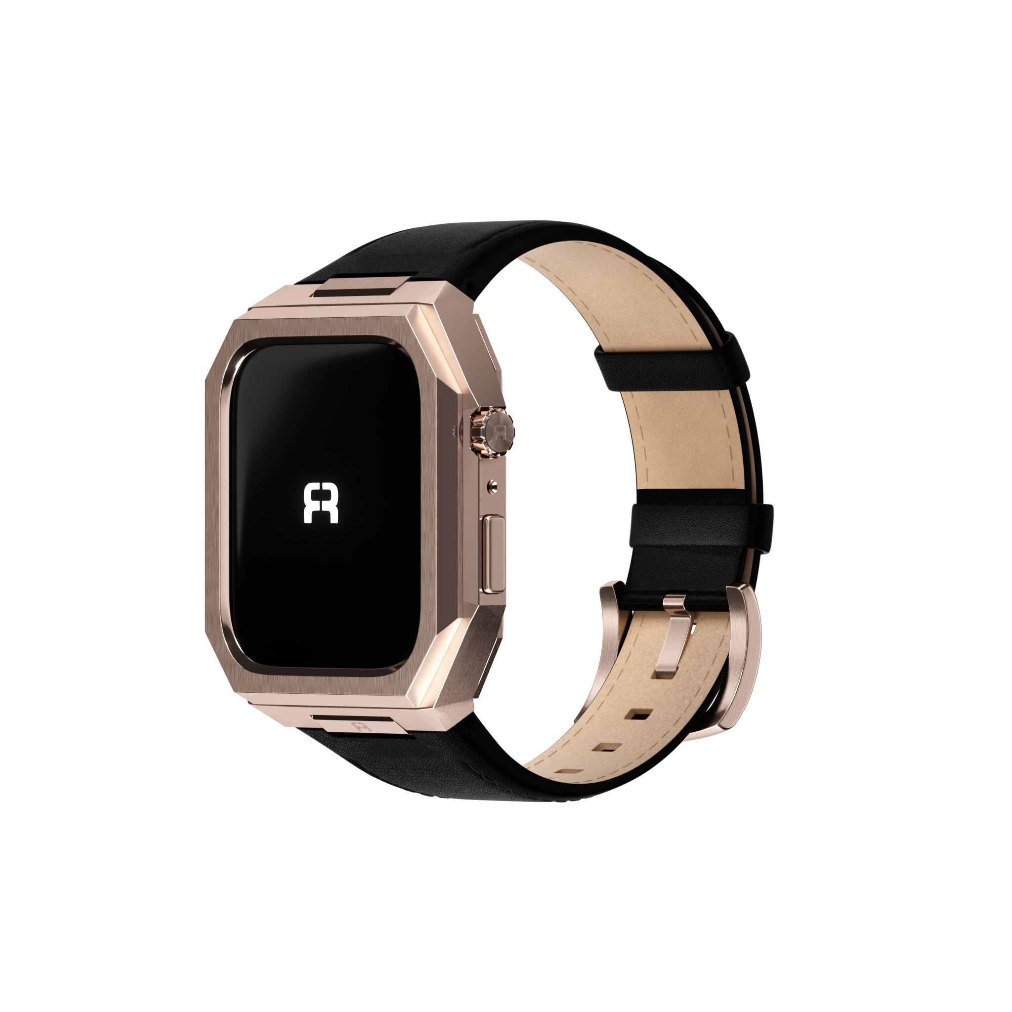 Reqior Apple Watch 45mm metalen case met leren band (roségoud/zwart)