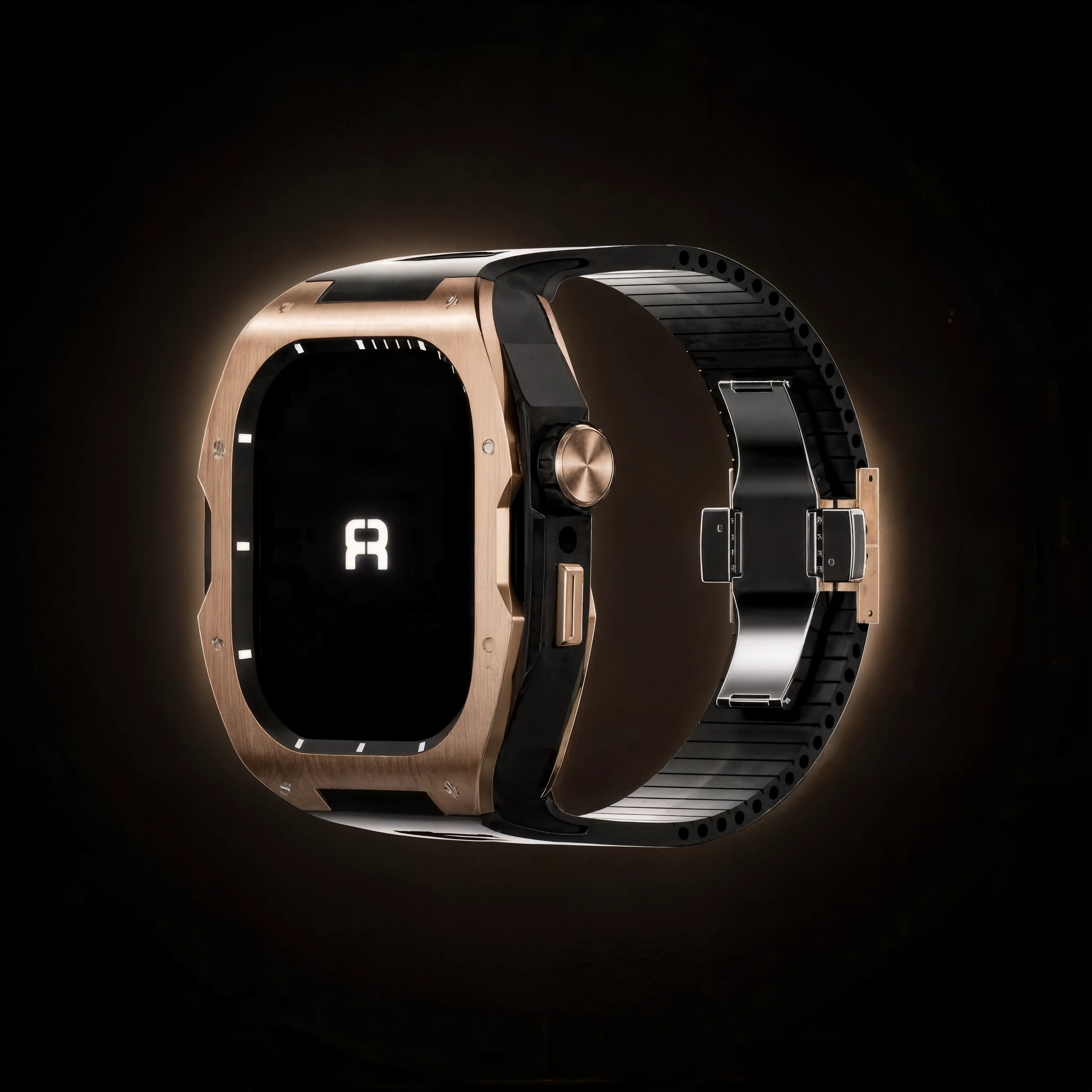 Reqior Apple Watch 45mm case met rubberen band (roségoud/zwart)