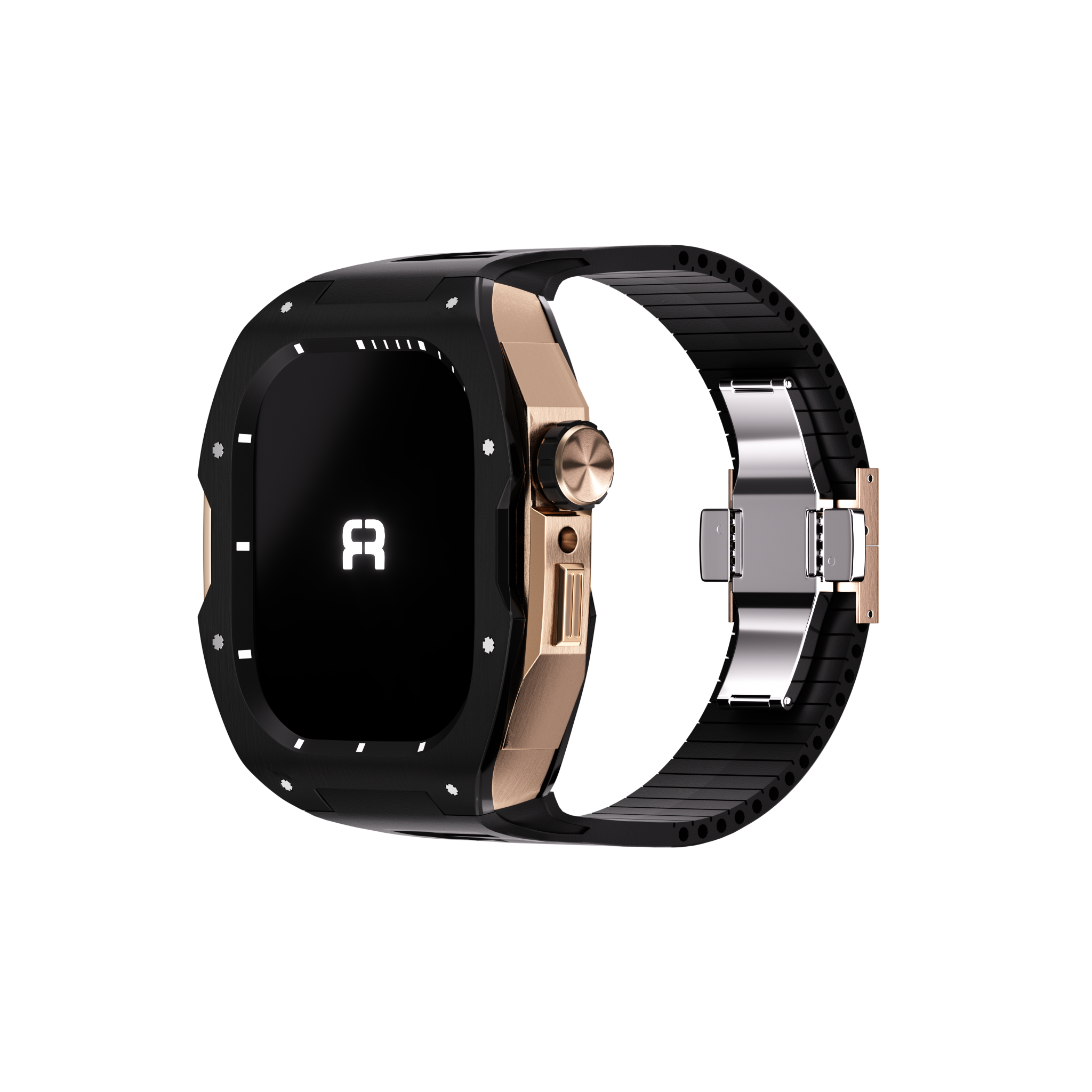 Reqior Apple Watch 45mm case met rubberen band (zwart/roségoud)